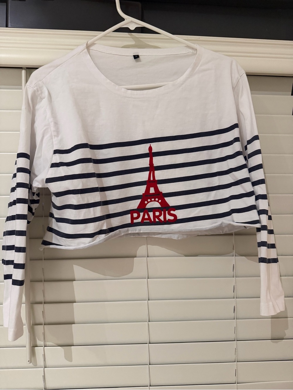 White Striped Cropped Tee with Red Eiffel Tower Graphic